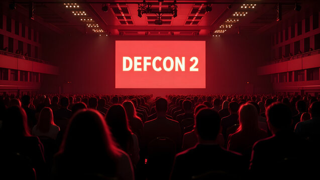 Large assembly of people in formal suits seated in a grand hall watching red DEFCON 2 alert screen suggesting global crisis, national emergency or elevated military readiness level
