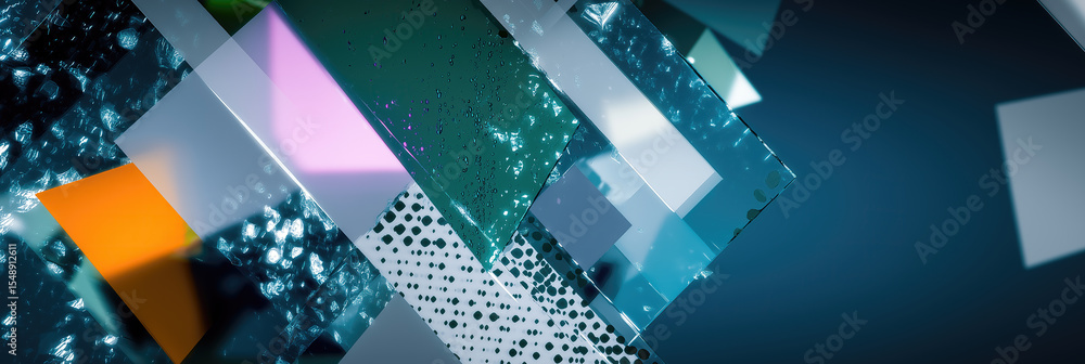 Poster layered geometric materials create complex dimensional compositions with varied textures.