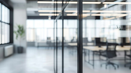 Plakat bright modern office interior, white background, blurred backdrop, glass partitions meeting room