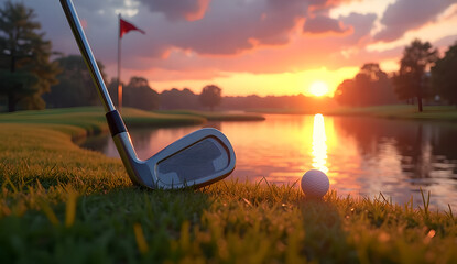 golf club and ball on green grass in the afternoon