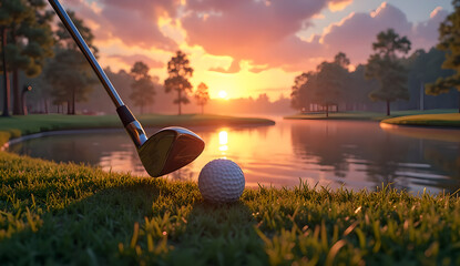 golf club and ball on green grass in the afternoon