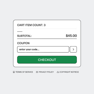 Online Shopping Cart Checkout Interface Showing Subtotal of Forty Five Dollars Zero Cents Three Items Coupon Code Entry Field and Green Checkout Button with Terms of Service Privacy Policy