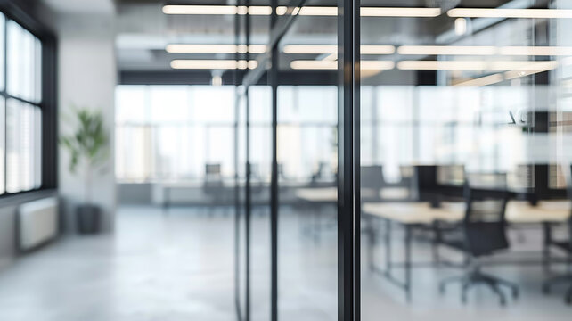bright modern office interior, white background, blurred backdrop, glass partitions meeting room