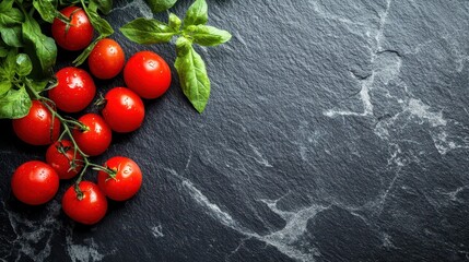 Fresh cherry tomatoes and basil on a dark slate background with water drops. Use for healthy food recipes, cooking ingredients, or organic product ads.