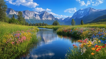 Mountain lake landscape with reflections of snow-capped peaks under a summer sky