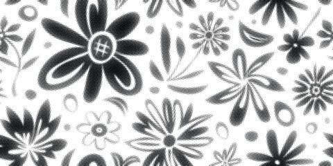 Vector plant background, flowers and leaves,, halftone dots, fading dot effect, black isolated on white background