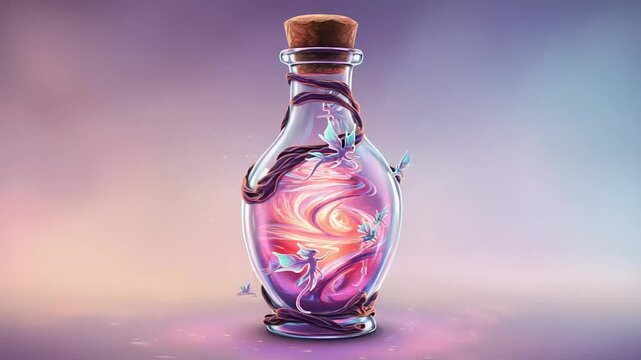 Enchanted potion bottle surrounded by swirling colors and mystical butterflies in a dreamy background