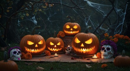 Fototapeta premium Spooky Halloween Jack o lanterns Sugar Skulls Night Scene