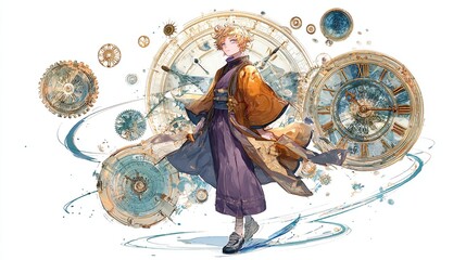 A stylized figure in flowing robes, surrounded by antique clocks and gears, evokes a sense of time and movement