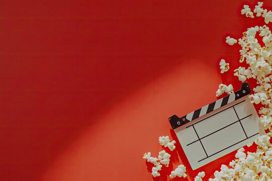 Movie night setup with popcorn and clapperboard on red background - Powered by Adobe