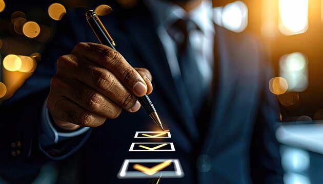 Executive Completing Digital Checklist with Pen Illuminating Workflow Process