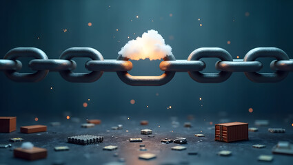 Metal chain exploding at center with bright fireball cloud and flying microchips symbolizing cyberattack, system failure, or blockchain breakdown in futuristic digital network
