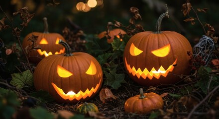 Fototapeta premium Spooky Halloween Jack o lanterns Glowing in Dark Autumnal Forest Setting