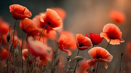 Field of Red Poppy Flowers