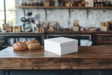 Fresh loaf and white box sit on a rustic wooden counter. Use for bakery promotions or product mockups easily.