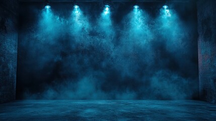 A moody, atmospheric room, lit by six vibrant blue spotlights above. Use as a stage backdrop or an industrial texture overlay.