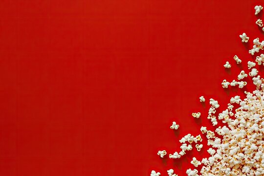 Scattered popcorn on a red background, leaving ample space