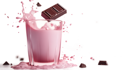 A glass of pink milk with a chocolate bar floating on top. The chocolate bar is partially submerged in the milk, creating a splash. Concept of indulgence and enjoyment, as the combination of milk