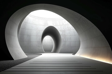 Obraz premium Curved concrete architecture tunnel with glowing skylight