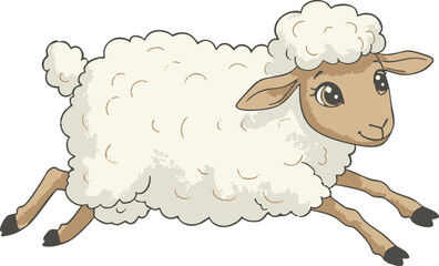 Cartoon sheep is running with a fluffy cream colored fleece and brown details, creating a cheerful and playful mood for children's books and educational materials.