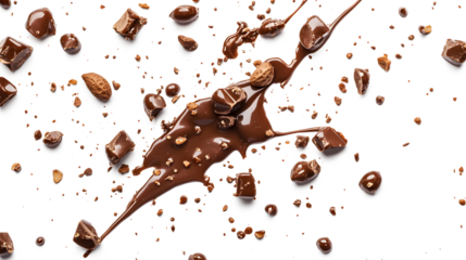 
A chocolate drizzle with chocolate chips and nuts on top
