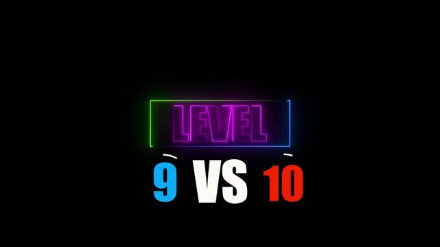 Animation of the words Level 9 vs Level 10 in white and red fall onto pink and yellow and are slashed into three pieces, while thin parallel lines move on a blue background