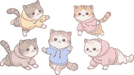 Obraz premium Playful cartoon kittens wearing pastel hoodies are depicted in various poses on a white background creating a lighthearted and cheerful mood, ideal for children's illustrations and whimsical designs.