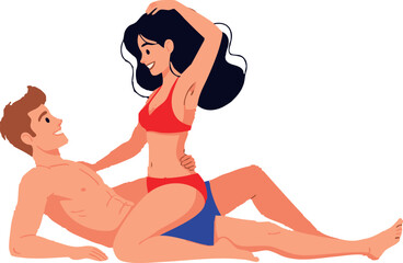 Smiling woman in red bikini sitting on man in blue swim trunks while relaxing together, conveying a happy, carefree mood ideal for travel and lifestyle marketing.