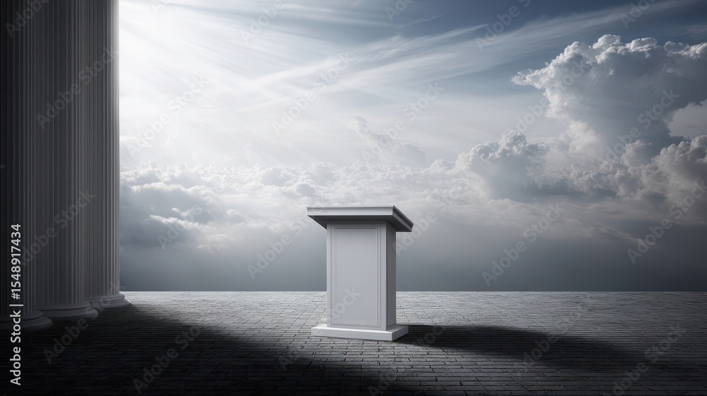 Poster empty podium against a vast sky with columns.