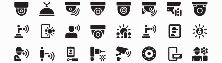 Collection of surveillance and monitoring icons in black silhouette on a white background display