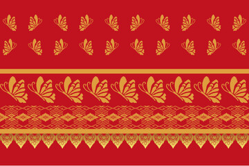 Traditional Thai Textile Pattern with Gold Butterfly Motifs and Ornamental Borders on Red Background – Cultural Fabric Design for Decoration, Clothing, and Crafts
