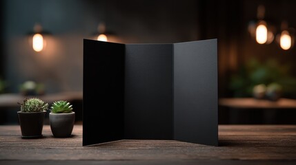 Elegant Black Tri-fold Brochure Mockup on a Wooden Table in a Cafe