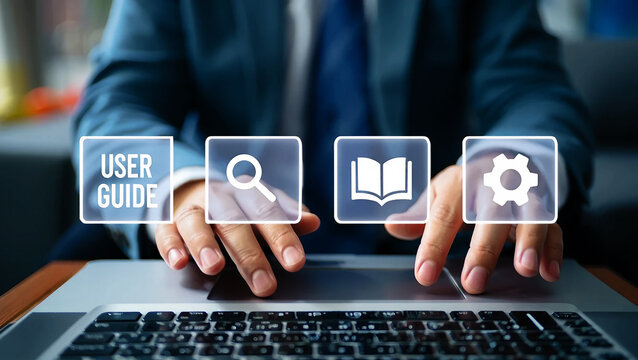 Businessman Interacting with Digital Icons on Laptop User Experience