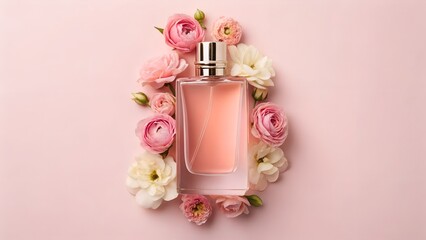 Pink Perfume Bottle with Flowers on Light Pink Background