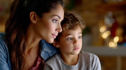 Obraz premium A woman and a child are looking at something on a screen