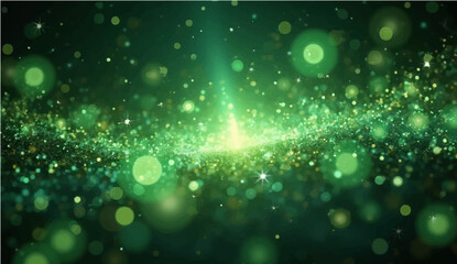 abstract Green glowing fiber optics background with bright bokeh light spots and abstract design