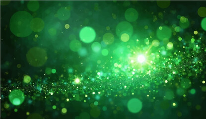 abstract Green glowing fiber optics background with bright bokeh light spots and abstract design
