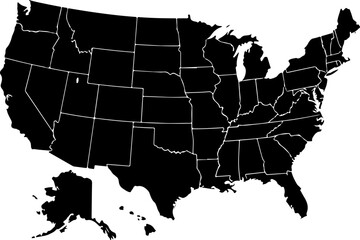 Simple black and white map of the United States.