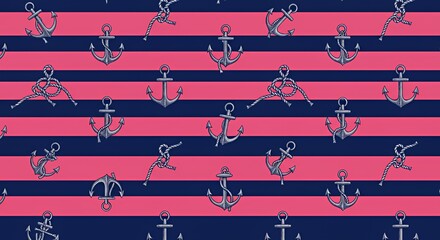 Nautical Anchors and Rope Knots on Pink and Navy Stripes