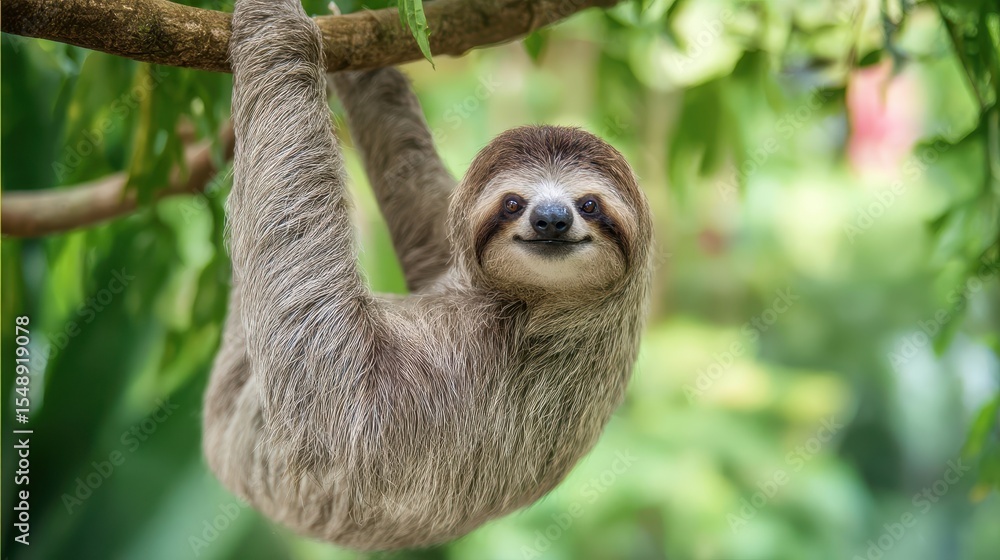 Poster a sloth hangs upside down from a tree branch.
