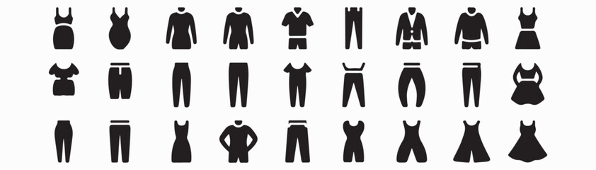 Collection of black clothing icons including dresses shirts and pants on a white background layout