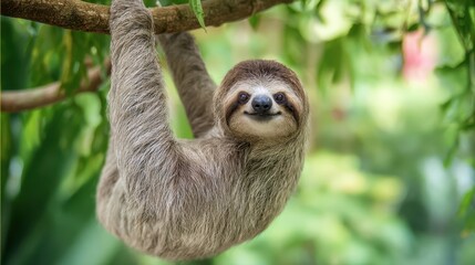 A sloth hangs upside down from a tree branch.