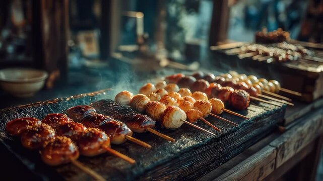 Traditional Japanese Dango Skewers sizzling with sweet sauce, Food Market Ambience