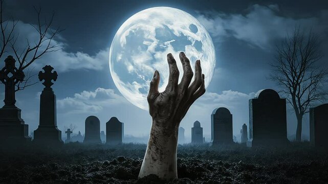 Eerie graveyard scene with zombie hand rising under a full moon