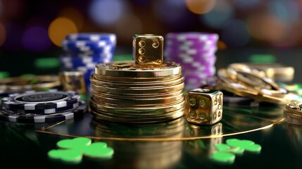 A pile of gold coins and a pair of dice sit on a green table
