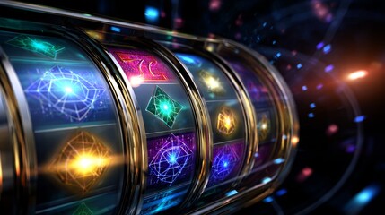 A colorful slot machine with a bright light shining on it