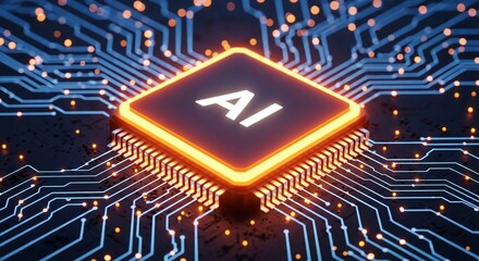 A close up of an ai chip with glowing orange edges connected to a blue circuit board with glowing dots