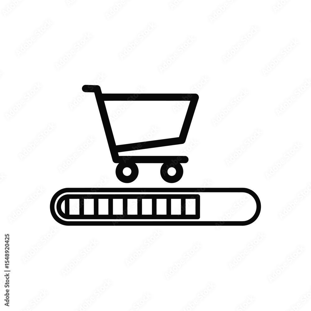 Poster shopping cart icon on a progress bar black and white line art graphic design element for website or 
