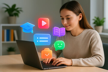 Young woman using laptop with colorful education and social icons in digital study session