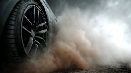 Car Tire Spinning Smoke Burnout on Dirt Road